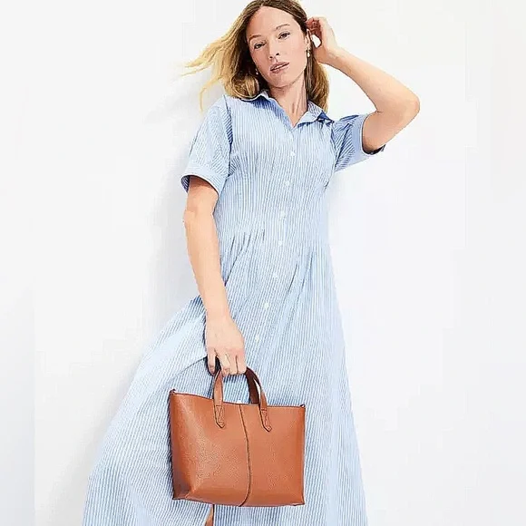 LOFT Light Blue and White Striped Shirtdress (Size 6) - Picture 2 of 10